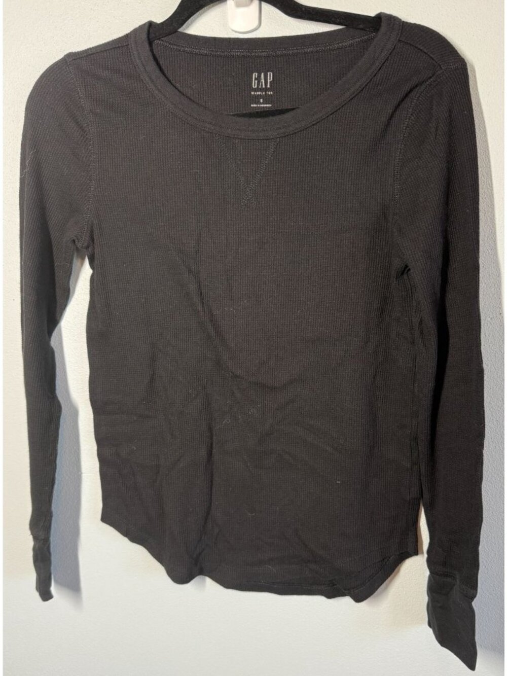 GAP Womens Small Black Waffle Knit Thermal Top Long Sleeve Casual Basic Layering